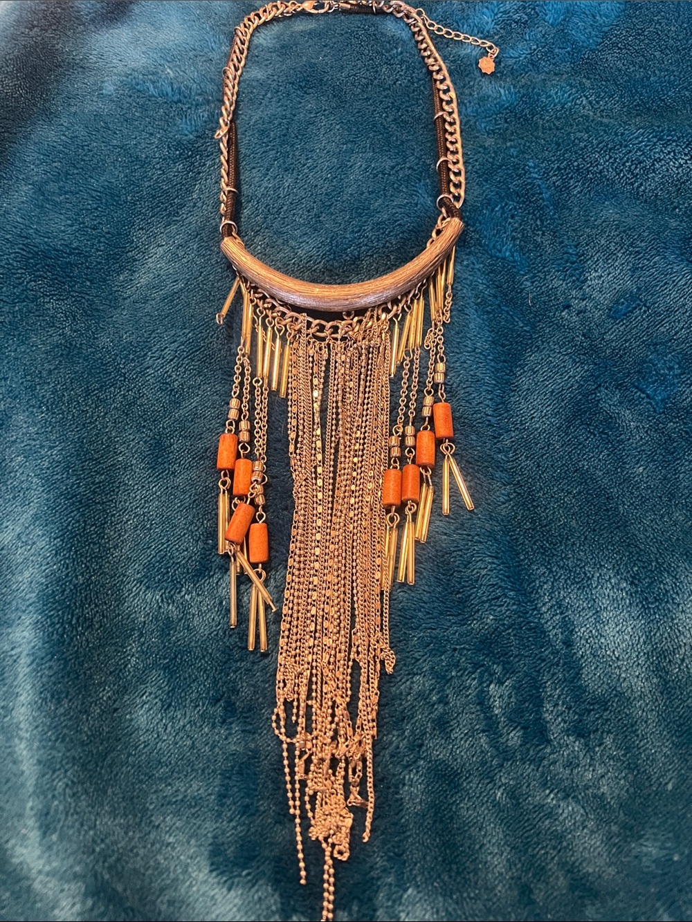 Free People Black and Silver Fringe Necklace with Wood Beads
